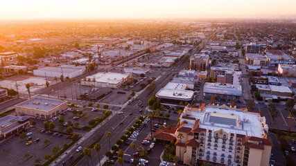 Fototapeta na wymiar Sunset aerial view of downtown Downey, California, USA.