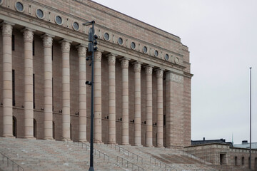 Obraz premium Helsinki, Finland - January 17, 2020: Finnish Parliament building in the center of Helsinki