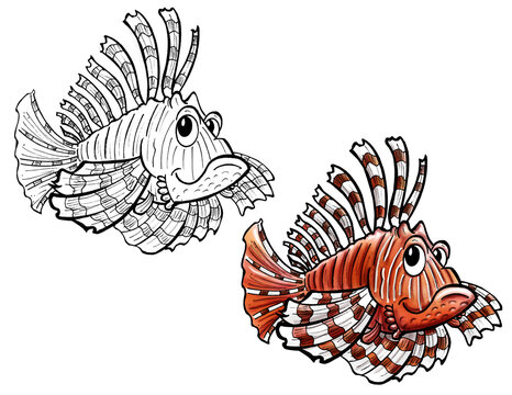 cartoon lionfish, red and white, smiling clip art preview