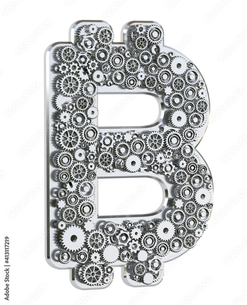 Fototapete gear bitcoin symbol isolated on white background. mechanical concept. 3d rendering.