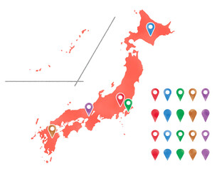 水彩タッチの赤い日本列島とマーカーピンのイラスト
