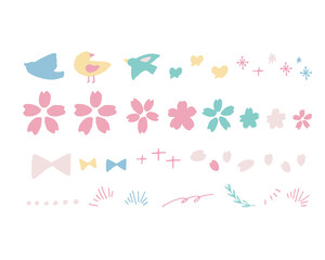 春の桜と鳥の手書き風イラスト　Handwritten style illustrations of spring cherry blossoms and birds