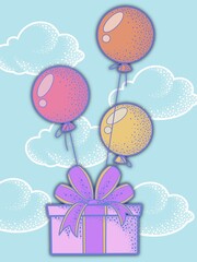 A gift with colorful balloons. Digital illustration
