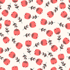 Seamless floral pattern based on traditional folk art ornaments. Colorful flowers on light background. Scandinavian style. Sweden nordic style. Vector illustration. Simple minimalistic pattern