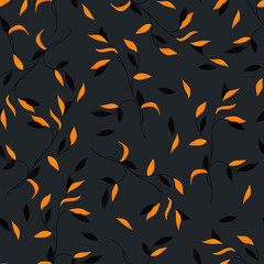 Floral seamless with hand drawn color leaves. Cute autumn dark background. Orange branches. Modern floral compositions. Fashion vector stock illustration for wallpaper, posters, card, fabric, textile.