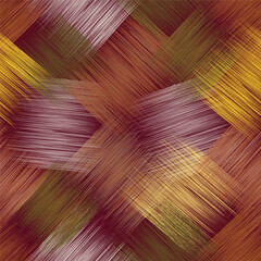 Seamless diagonal pattern with grunge striped square elements in green, brown, yellow, pink colors on purple backdrop