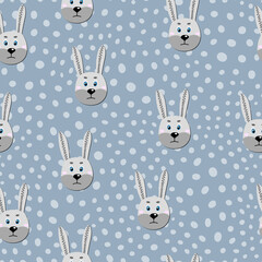 Vector flat animals colorful illustration for kids. Seamless pattern with cute hare face on blue polka dots background. Adorable cartoon character. Design for card, poster, fabric, textile. Rabbit.
