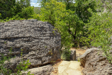 A flagstone footpath leads down the hillside between fossilized granite boulders and oak trees leading towards a hiking trail to the Pedernales River in the Spring.  Pedernales Falls State Park, Texas