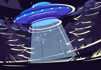 vector illustration of a flying saucer flying over the forest at night, ufo in the forest