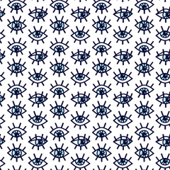 Abstract flat eye seamless pattern. Simple vector illustration with different blue eyes. Great for packaging, optics, textile or mystic decoration.