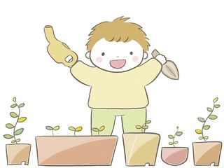 家庭菜園で野菜を育てる子供