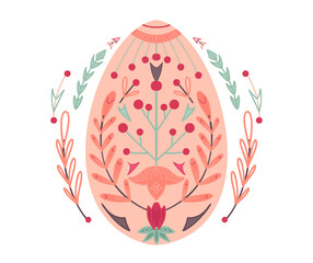 Festive Easter card. Flat illustration of a festive egg with a geometric nature pattern in a wreath of tribal decorations. Festive treat with folk pattern on a white background.