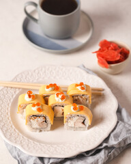 Japanese food. Sushi and rolls. Sets from the roll. Beautiful serving of Asian cuisine