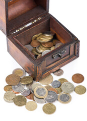 Wooden casket full of coins thai