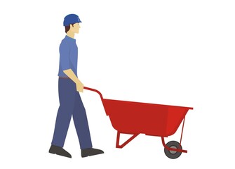 Construction worker pushing wheelbarrow. Simple flat illustration