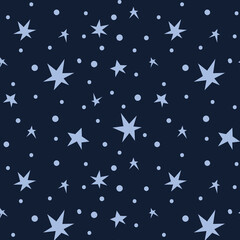 Obraz premium Celestial kids seamless pattern, space digital paper with starry sky, stars on dark blue background, nursery seamless texture for textile, scrapbooking, wrapping paper, wallpaper