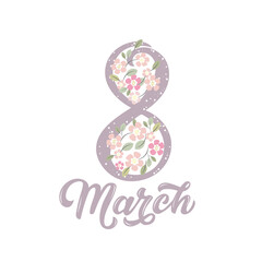 8 march. Woman's Day text as celebration badge, tag, icon. Card invitation, template. Festivity background. Lettering typography poster. Banner on textured background. Vector illustration.