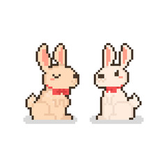 Pixel art cartoon set of cute rabbit character with red ties.
