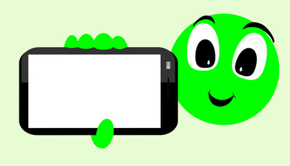 Conveying joy. Illustration with space for text or design on mobile phone screen in horizontal position. Green doll showing the telephone screen. Expression face. Smiling. Avant-garde graphic.