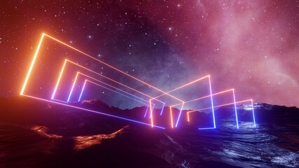 Obraz na płótnie Canvas Sci fi virtual reality landscape cyberpunk style 3d render, Fantasy universe and space cloud background