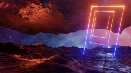 Gardinen Braun Sci fi virtual reality landscape cyberpunk style 3d render, Fantasy universe and space cloud background  © patpongstock