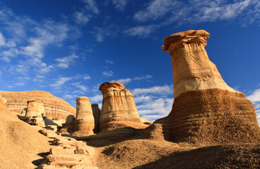 Hoodoos, a geologic formation on a bright day in the badlands near Drumheller, Alberta, Canada