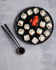 Japanese food. Sushi and rolls. Sets from the roll. Beautiful serving of Asian cuisine