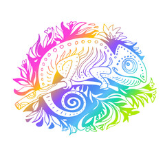 Stylized gradient rainbow colors doodle chameleon hand drawn isolated on white background. Hand drawn reptile vector Illustration in cartoon style. Tropical Animal Collection.  © Rina Ka