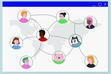 Illustration for the site. Browser window with communicating people from all over the world