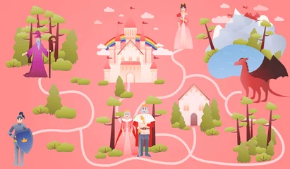  Fairy tale map with fantasy characters, educational game for kids, help find right way to princess, magical dragon © Lozovytska