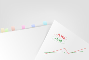 Abstract financial arrows concept. Paper background, vector illustration. Documents, files with colored paper stickers