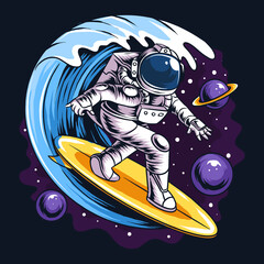 astronauts surf on a surfboard in space with stars, planets and ocean waves