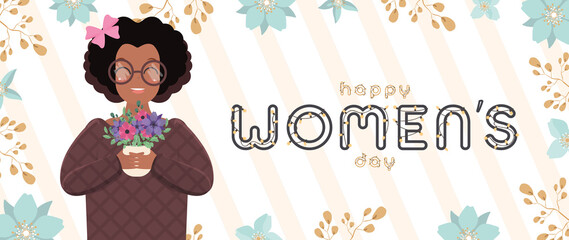Happy womens day banner. A dark-skinned cute girl with black curly hair holds flowers. African American girl with glasses. Vector illustration.
