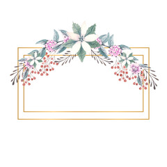 Winter watercolor in a gold rectangular frame with sprigs of snow berries and poinsettia flowers. Hand-drawn illustration. For invitations, greeting cards, prints, posters, advertising.