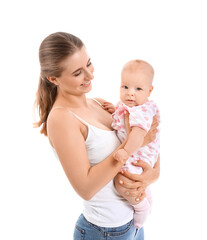 Happy mother with cute little baby on white background