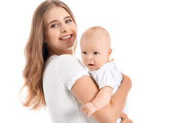 Happy mother with cute little baby on white background