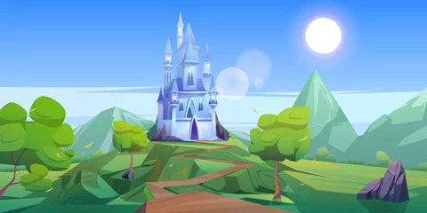 Fotobehang Sprookjeskasteel in de bergen. Vectorbeeldverhaallandschap van sprookjesachtig koninkrijk met rotsen, bomen, weg en blauw koninklijk paleis met torens en vensters. Fantasie middeleeuws kasteel © klyaksun
