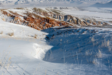 Sunny day on altai Mars (red, orange, yellow mountains). Altai Republic, Siberia, Russia.