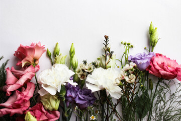 Beautiful luxury spring bouquet of mixed flowers. The work of florist. Romantic concept. Close up. Spring banner. Easter and spring greeting card. Woman day concept. Copyspace for text. Valentine day