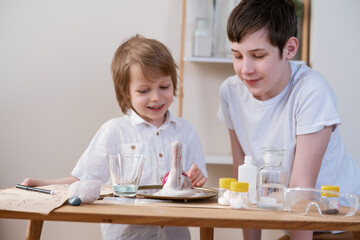 two brothers experimenting in the home laboratory and studying the chemical properties