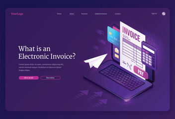 Electronic invoice isometric landing page. Bill for service payment, bank card and calculator on laptop screen. Shopping, banking, accounting paycheck virtual smart technologies 3d vector web banner