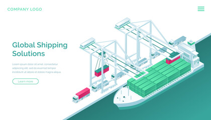 Global shipping solutions isometric landing page. Transport logistics, ship port delivery service company, truck cargo transportation, worldwide export, import industrial business 3d vector web banner - obrazy, fototapety, plakaty