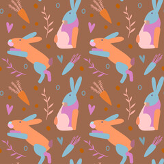 Fototapeta na wymiar Vector illustration seamless pattern on the theme of Easter. Rabbit with flower and carrot. For poster and congratulation..
