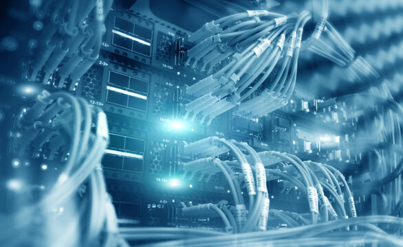 Large data center. Cables. Turquoise toning.