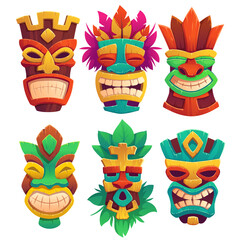 Tiki masks, tribal wooden totems, hawaiian or polynesian style attributes, scary faces with toothy mouth, decorated with leaves isolated on white background. Cartoon vector illustration, icons set - obrazy, fototapety, plakaty