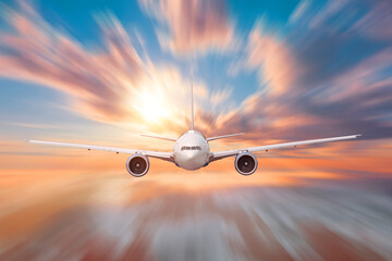 Aircraft flies motion effect high in the sky over the clouds dawn, traveling in the celestial expanse.