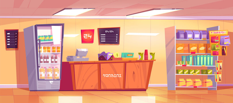 Konbini, Convenience Store Interior With Wooden Checkout Counter, Shelves With Food And Refrigerator With Drinks. Vector Cartoon Illustration Of Open 24 Hours Shop, Empty Japanese Supermarket Inside