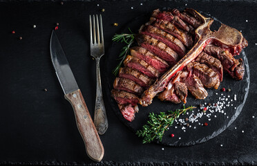 t-bone steak, porterhouse steak, bistecca alla fiorentina. beef steak Medium rare. American...