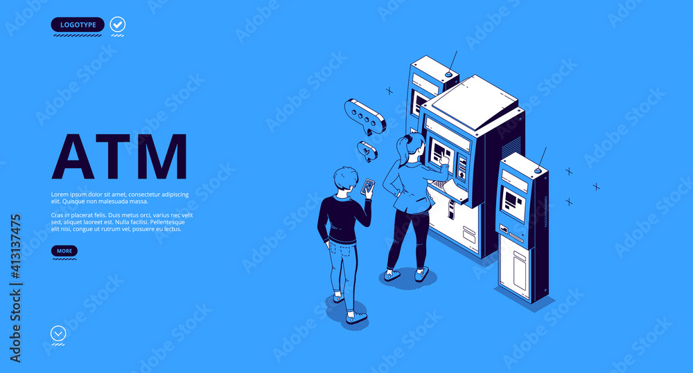 Poster atm banner. automated teller machine, terminal for withdraw money cash, transactions and payments. v