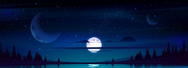 Full moon in night sky with stars and clouds above trees and pond reflecting starlight background. Dark heaven with moonlight romantic fantasy midnight twilight landscape Cartoon vector panoramic view